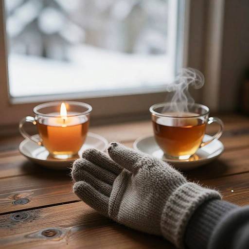 Photograph of grey knitted glove resting on wooden table with two lit tea cups, one with a candle, steaming, against a bright window.