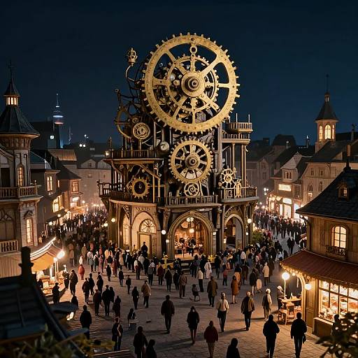 Nighttime photograph of a bustling town square with a large, illuminated, steampunk-style clock tower in the center, surrounded by crowded shops and illuminated