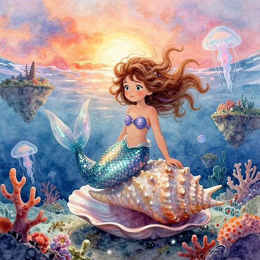 Digital painting of a mermaid with flowing brown hair, blue shell bra, and sparkling tail, sitting on a large seashell underwater, surrounded by