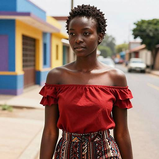 Photograph of a young, dark-skinned woman with short, curly hair wearing a red off-shoulder top and patterned skirt, standing on