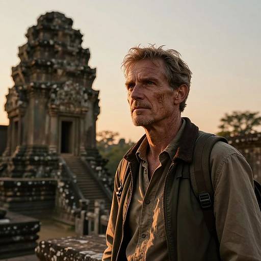 Photograph of rugged, middle-aged man with dirty face and gray hair, wearing worn, brown shirt and backpack, standing before ancient, weathered stone