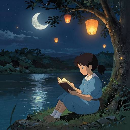 Digital illustration of a young girl in a blue dress reading by a moonlit river, surrounded by hanging lanterns and a tree.