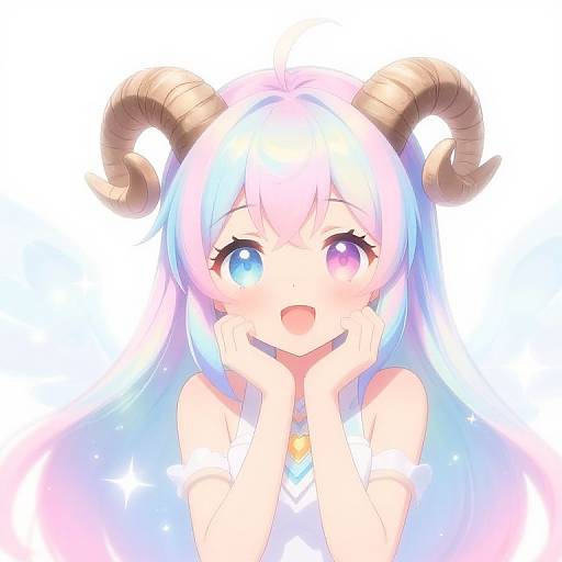 Digital anime-style drawing of a cute, white-haired girl with blue and pink heterochromatic eyes, large brown ram horns, and a sparkling white background