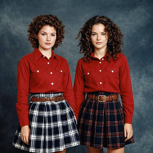 Twins in Red Shirts and Plaid Skirts