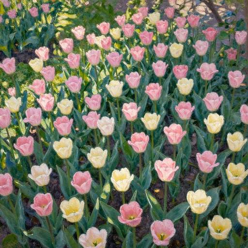 Photograph of a vibrant garden filled with pink and yellow tulips, their delicate petals glowing in sunlight, surrounded by lush green leaves and a shadowed