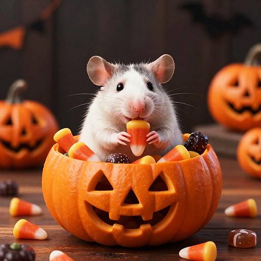 Whimsical Fat Rat in Pumpkin Bowl