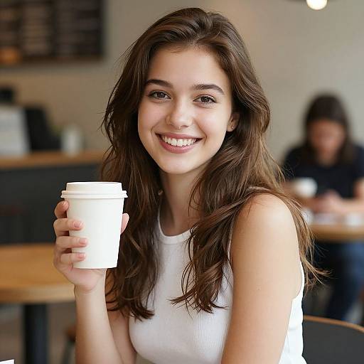 Photograph of a smiling young woman with long brown hair, wearing a white sleeveless top, holding a white coffee cup, seated in a blurred café