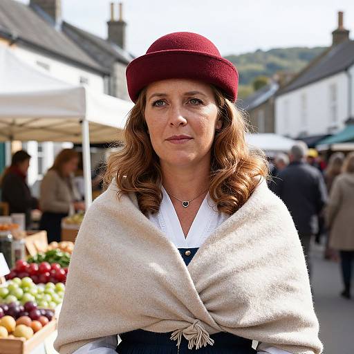 Photograph of a middle-aged woman with wavy brown hair, wearing a maroon hat, white blouse, and beige shawl, standing in a