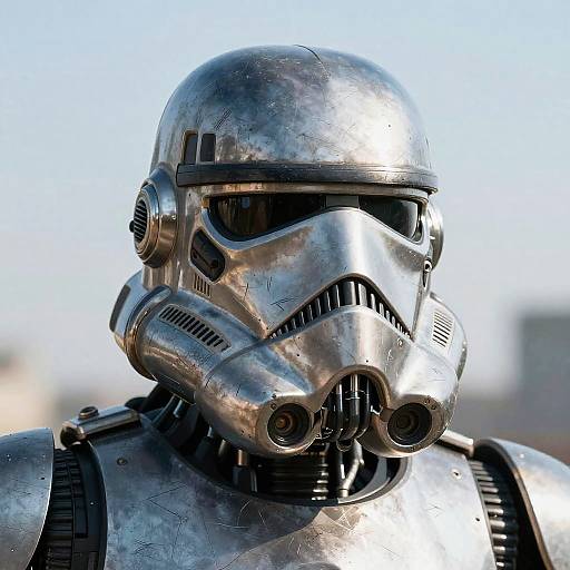 Photograph of a highly reflective, silver, metallic Stormtrooper helmet with detailed textures, black visor, and dual vents, set against a blurred
