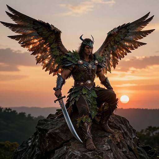 Photograph of a muscular, dark winged warrior with horns, green leaf armor, and a sword, silhouetted against a vibrant sunset.