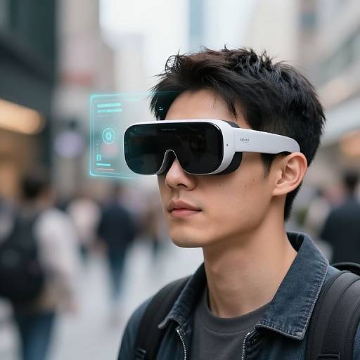 Photograph of an Asian man with short black hair wearing a virtual reality headset, black denim jacket, and black shirt, standing in a blurred city street