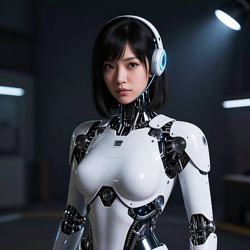 CGI image of an Asian woman with black hair in a futuristic white and black robotic suit, wearing blue headphones, standing in a dimly lit industrial