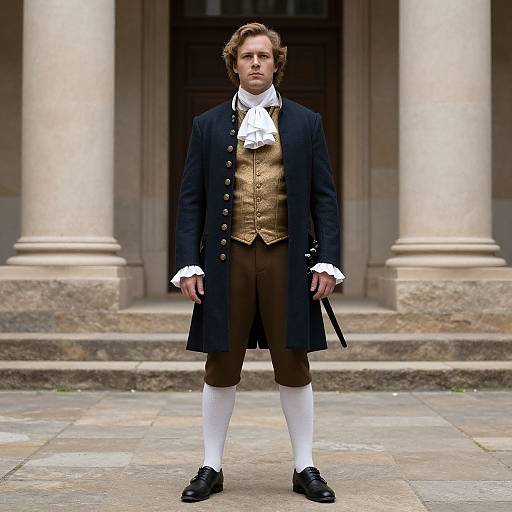 Photograph of a young man in 18th-century attire, including a black coat, gold waistcoat, brown breeches, white stockings, and