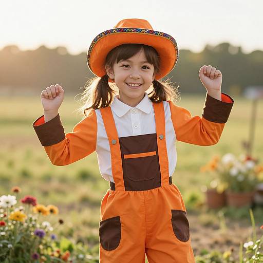 Joyful Girl in Vibrant Orange Costume