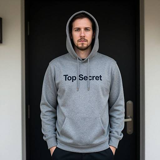 Photograph of a bearded man with fair skin and short brown hair, wearing a gray hoodie with 