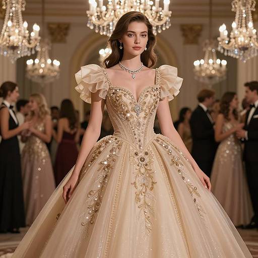 Elegant Woman in Beige and Gold Ball Gown