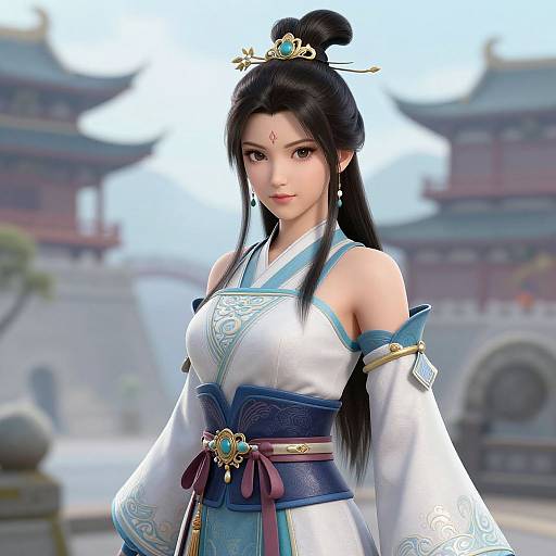 CGI image of an Asian woman with long black hair in a traditional white and blue kimono, adorned with gold and purple accessories, standing in front