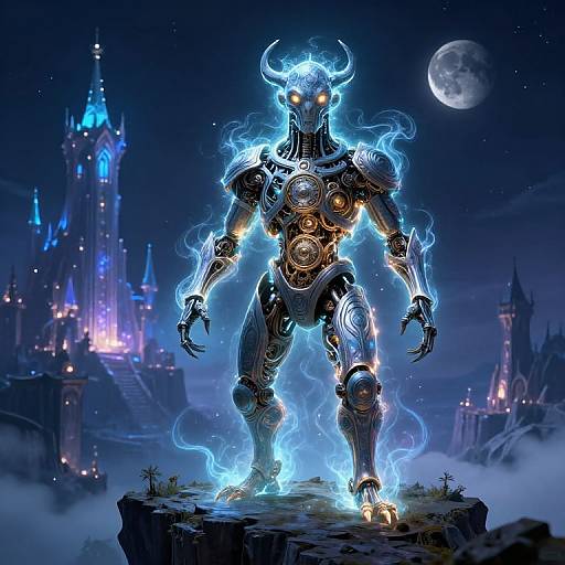 Digital artwork of a glowing, horned, robotic figure with blue flames, standing on a cliff before a moonlit, colorful castle.