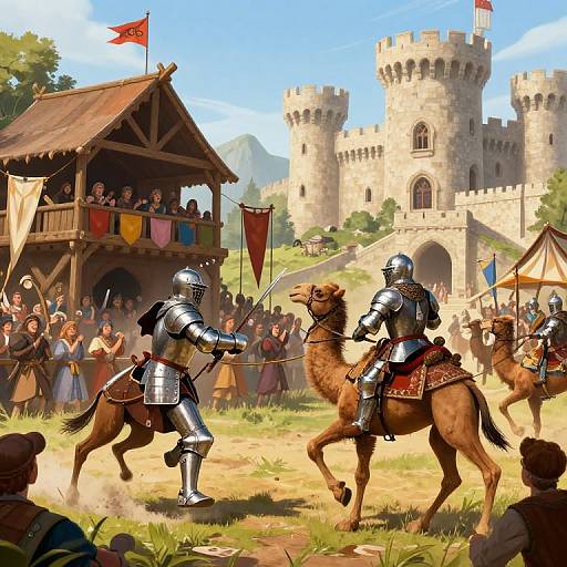 Digital painting of a medieval joust between two armored knights on camels, with a castle, crowd, and market stalls in the background. Bright,