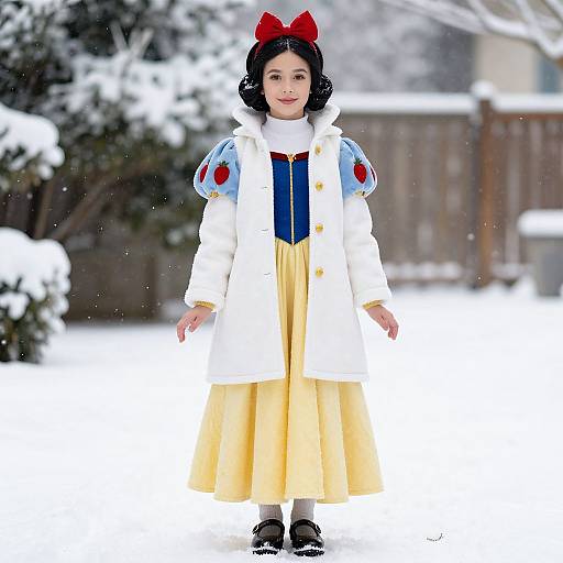 Photograph of a Snow White cosplay doll in a snowy backyard, wearing a white coat, yellow dress, blue bodice, red bow, and black