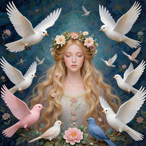 Digital artwork of a serene, fair-skinned, blonde woman with a flower crown, surrounded by white and pastel-colored doves, against a dark