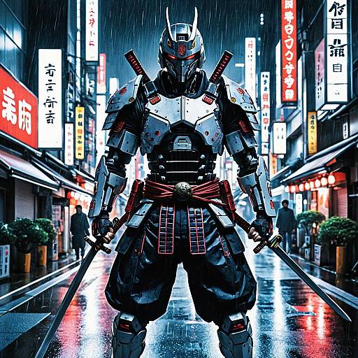 Cyborg Samurai on Neon-Lit Tokyo Street