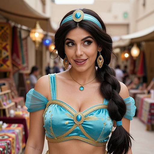 Photograph of a beautiful South Asian woman with long black hair in a braid, wearing a blue and gold crop top, turquoise headpiece, and