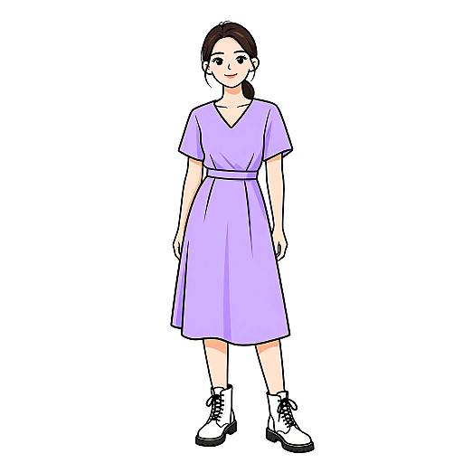 Digital illustration of a young woman with fair skin and black hair in a ponytail, wearing a lavender dress, white lace-up shoes, and standing against