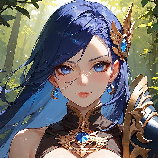 Blue-Haired Armored Sword Maiden in Forest