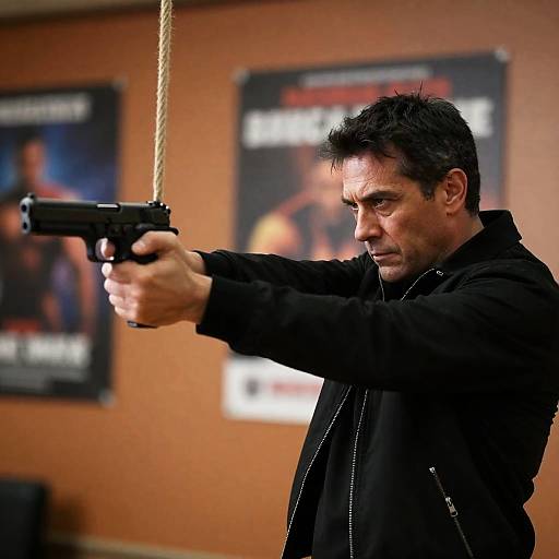 Intense Man Aiming Handgun Indoors