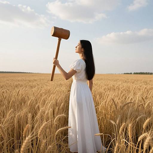 Photograph of a woman with long black hair in a white dress holding a wooden hammer, standing in a golden wheat field under a bright blue sky with