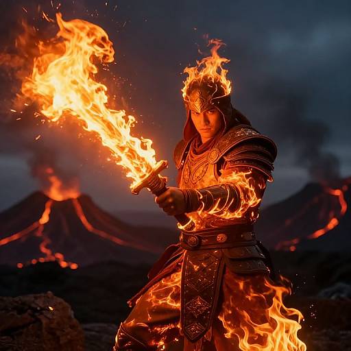 Fiery Warrior in Volcanic Battle