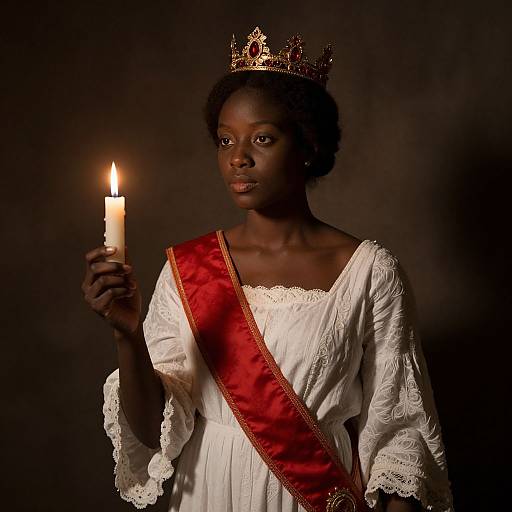 Photograph of a dark-skinned woman in white lace dress with red sash, gold crown, holding lit candle, dark background.