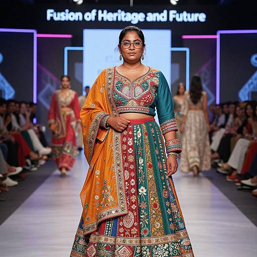 Photograph of a confident Indian woman in a colorful, ornate traditional lehenga-choli, walking on a fashion runway with 