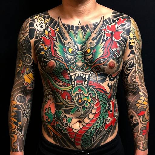 Photograph of a shirtless man with vibrant, detailed traditional Japanese dragon tattoo covering his chest, arms, and abdomen against a black background.