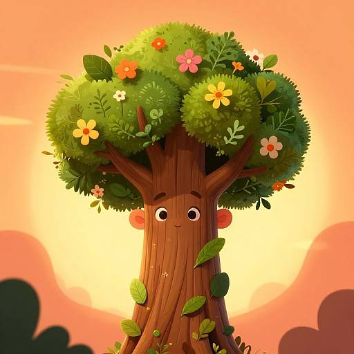 Digital illustration of a cute, smiling tree with green foliage, colorful flowers, and leaves, set against a vibrant orange sunset sky.