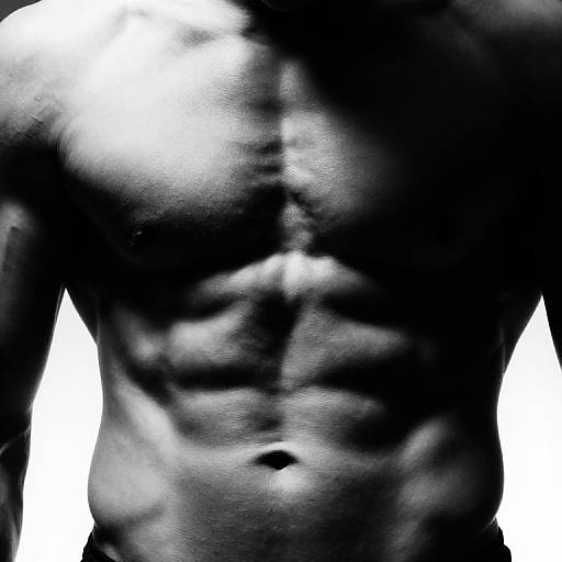 High-contrast black-and-white photograph of a muscular, shirtless male torso, highlighting defined abs and pectoral muscles against a white background.