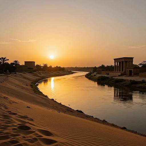 Photograph of a golden sunset over a serene river, reflecting warm light. Desert sand dunes in the foreground, ancient temple ruins on the right,