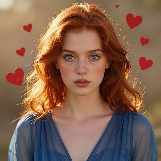 Photograph of a red-haired woman with fair skin, blue eyes, wearing a sheer blue blouse, surrounded by red hearts in a sunlit outdoor setting