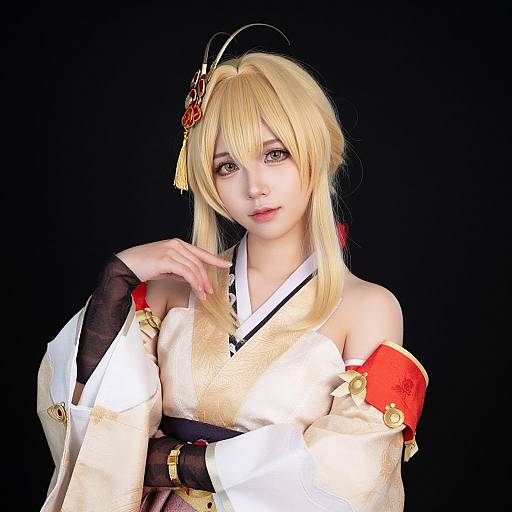 CGI image of an anime-style blonde woman in a white and red traditional Japanese kimono, black background, delicate hair ornament, and soft expression.