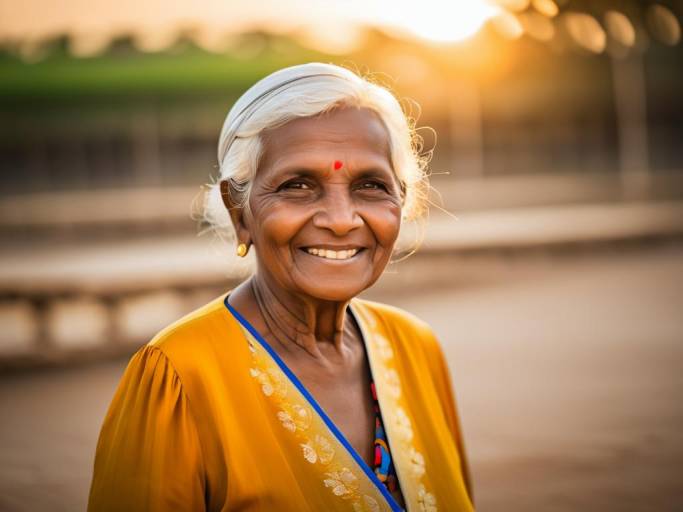 Smiling Elderly Indian Woman Outdoors
