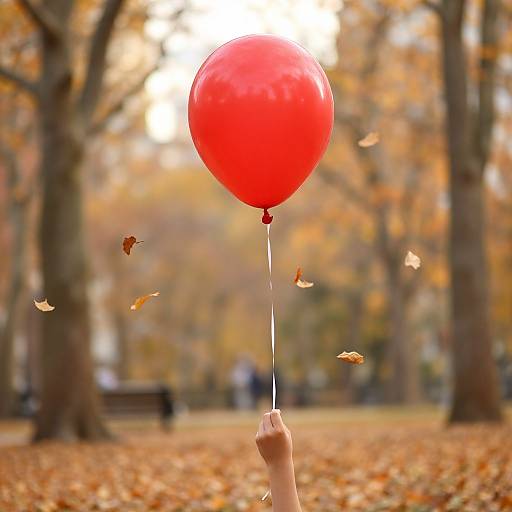 Photograph of a hand holding a bright red balloon, surrounded by autumn leaves and tall, leafless trees in a sunlit park.
