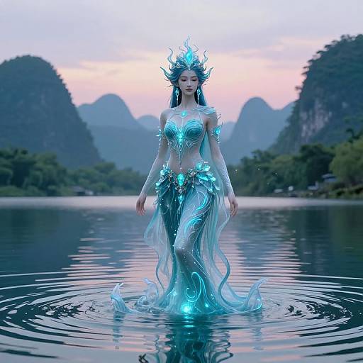 Digital artwork of a glowing, ethereal mermaid with blue, bioluminescent scales and intricate crown, standing in a tranquil lake at sunset,