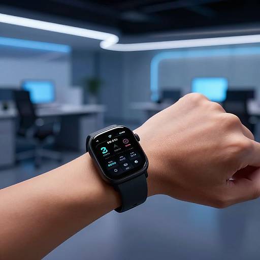 Photograph of a light-skinned hand wearing a black smartwatch with illuminated interface in a modern, dimly-lit office with blue LED lights in