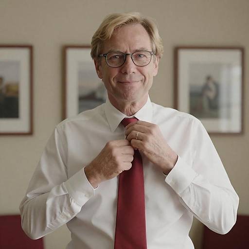 Middle-aged Man Adjusting Red Tie