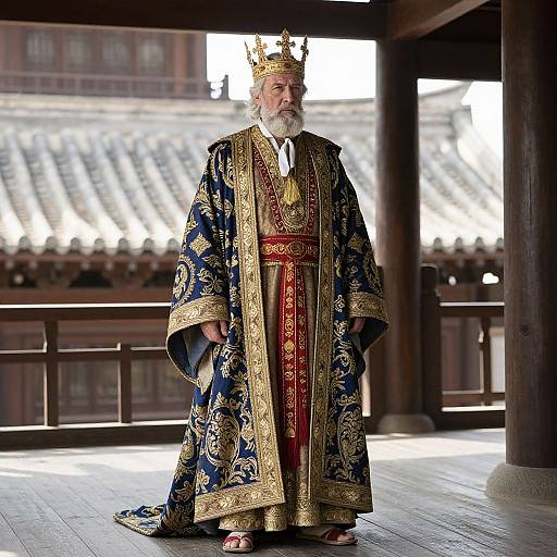 Photograph of an elderly, white-bearded king in ornate, blue and gold robes with intricate patterns, wearing a golden crown, standing in a