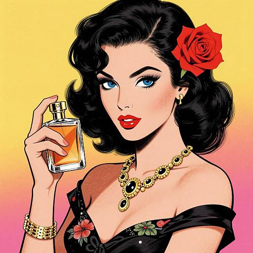 Vintage-style digital illustration of a fair-skinned woman with blue eyes, red lipstick, black wavy hair, red rose, holding perfume, gold jewelry