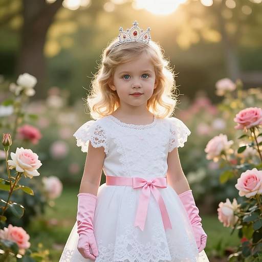 Photograph of a blonde, blue-eyed young girl in a white lace dress with pink bow, pink gloves, and silver crown, standing in a sun