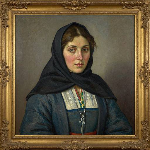 Photograph of a classical oil painting of a young woman with dark hair, wearing a black headscarf, traditional dark blue dress, and white lace