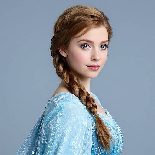 Photograph of a fair-skinned, blue-eyed young woman with a long, braided brown hair, wearing a shimmering light blue dress, set